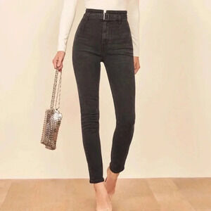 Reformation Kayo High & Skinny Jeans in Erie Wash Black Belted Skinny Leg 31